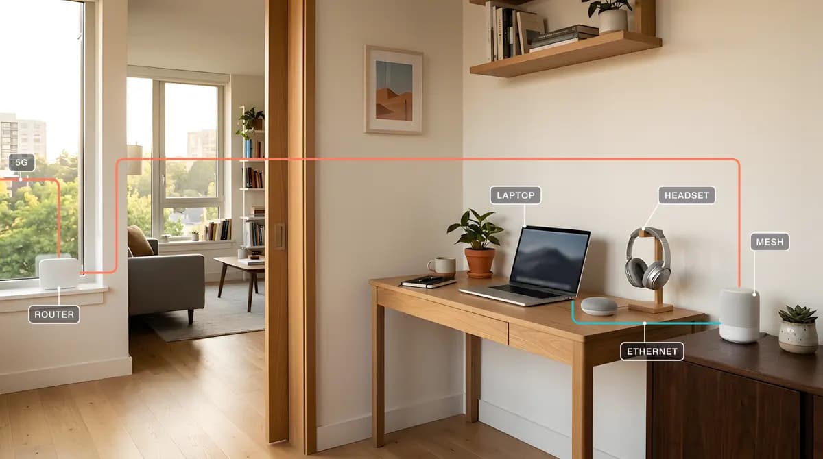 Otthoni dolgozósarok: az ablakpárkányon fehér 5G router, az íróasztalon nyitott laptop, fejhallgató és kihangosító, a komódon fehér mesh-egység, rárajzolt vonalakkal a jel és a kábel útja.